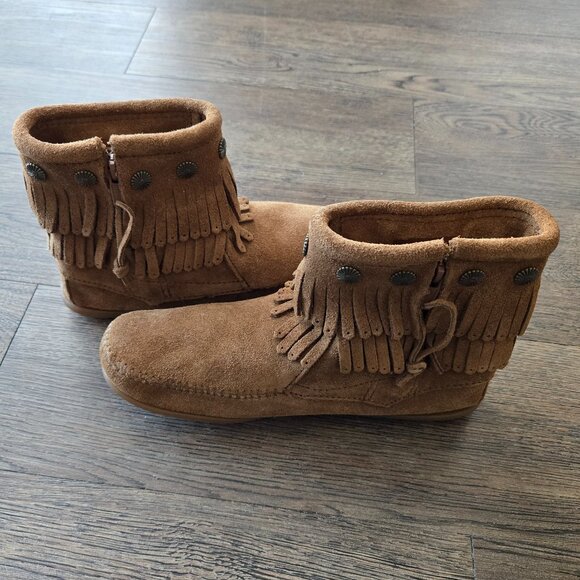 NEW Minnetonka Dusty Brown Double Fringe Side Zip Booties Boots Size 8 - Picture 8 of 13